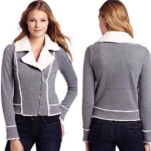 Splendid shearling soft gray white trim moto asymmetrical full zip jacke…